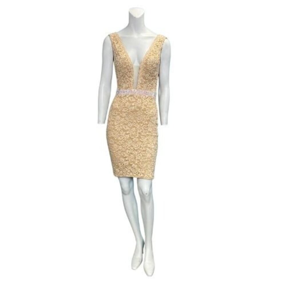 Jovani Lace Rhinestone Open Back Cocktail Dress Beige Size 2 NWT